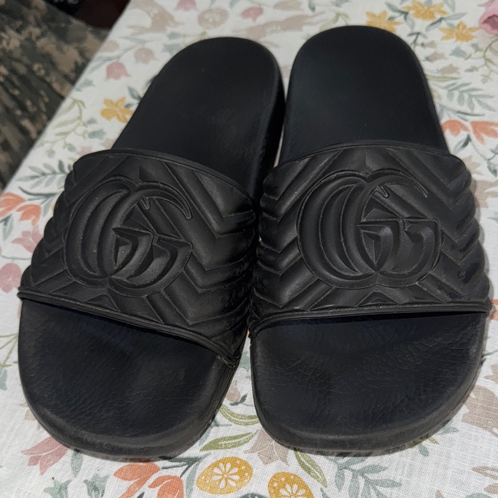 Black Slide Sandals with Embossed Logo